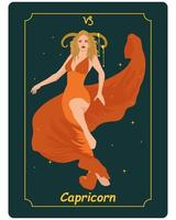 Sternzeichen Steinbock, eine wunderschöne magische Frau mit Hörnern in einem feurigen Kleid auf dunklem Hintergrund mit Sternen. Plakat, Illustration, Tarot