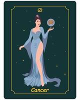 Sternzeichen Krebs, eine schöne magische Frau in einem blauen Kleid und eine Kugel mit Krebs auf dunklem Hintergrund mit Sternen. Plakat, Illustration, Tarot