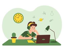 Das Konzept des Online-Lernens, ein junger Mann mit einem Laptop sitzt am Tisch. grünes und gelbes Design, modernes Plakat, ClipArt