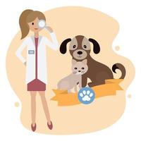 Illustration einer Tierklinik, einer Tierärztin mit Lupe, einem Hund und einer Katze. ClipArt, Druck, Tierbehandlungsdesign vektor