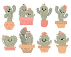 uppsättning av ritade söta kaktusar i krukor med känslor i doodle stil. barns illustration, tryck, ikoner. pastell färger