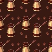 Nahtloses Muster, türkische Kaffeetürken und Kaffeebohnen auf braunem Hintergrund. Druck, Textil, Tapete, Dekor