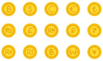 Satz von Vektorsymbolen im Zusammenhang mit Währungen. enthält Symbole wie Bitcoin, Dollar, Cent, Euro, Pfund, Baht und mehr. vektor