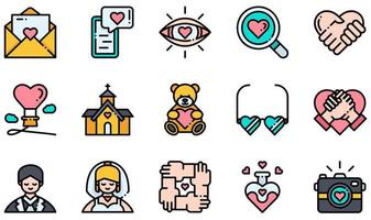 Reihe von Vektorsymbolen im Zusammenhang mit der Liebe. enthält Symbole wie Liebesbrief, Lieben, Hand in Hand, Bräutigam, Braut, Liebestrank und mehr. vektor