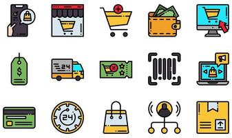 Reihe von Vektorsymbolen im Zusammenhang mit E-Commerce. enthält Symbole wie Online-Shopping, Lieferwagen, Online-Marketing, Brieftasche, Affiliate-Marketing, Shop und mehr. vektor