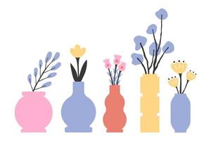 Sammlung von Urlaubsplakaten mit Blumensträußen in Vasen. botanische illustration des vintagen vektors auf osterkarte vektor