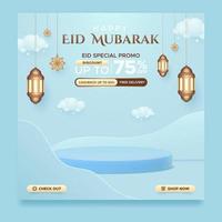 eid mubarak rea promo fyrkantig banner mall, härlig blå bakgrund med arabiska prydnadsväxter och podium vektor