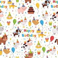 Vektornahtloses Muster mit süßen Nutztieren mit Luftballons, Geschenken und Kuchen. Alles Gute zum Geburtstag Thema. Zeichentrickfiguren für Kinder. vektor