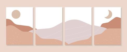 uppsättning av fyra abstrakta estetiska bakgrunder landskap. samtida bohokonstaffischer. handritade texturer. heminredning väggkonst med berg, sol och måne. naturliga jordfärger. vektor