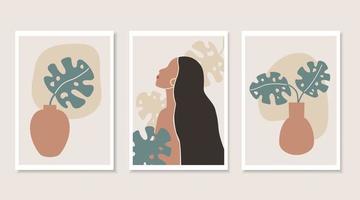 Satz von drei abstrakten Wandkunstillustrationen. Frauenporträt im Boho-Stil, Tonvasen und Monstera-Blätter. Silhouette der weiblichen Figur. natürliche Erdfarben