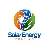 grüne Sonnenkollektorenergie elektrischer Strom und Blattenergie-Logo-Design-Vektorvorlage vektor