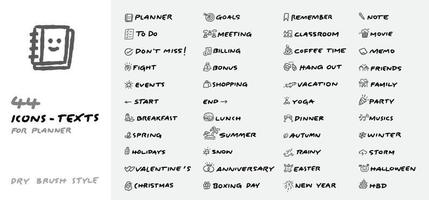 Skizzensymbole mit geschriebenen Texten für den Planer-Vektorsatz vektor
