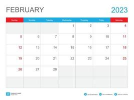februari 2023 mall-kalender 2023 design, skrivbordskalender 2023 mall, planerare enkel, veckan börjar söndag, brevpapper, väggkalender, utskrift, annons, vektorillustration vektor