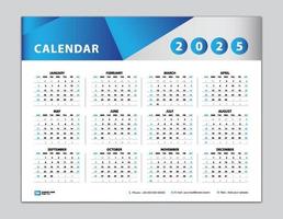 Kalender 2025 Vorlage, Tischkalender 2025 Design, Wandkalender 2025 Jahr, Satz von 12 Monaten, Woche beginnt am Sonntag, Planer, Jahresorganisator, Schreibwaren, Kalenderinspiration, blauer Hintergrundvektor vektor