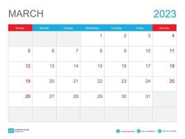 März 2023 Vorlagenkalender 2023 Design, Tischkalender 2023 Vorlage, Planer einfach, Woche beginnt Sonntag, Schreibwaren, Wandkalender, Druck, Werbung, Vektorillustration vektor