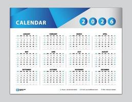 Kalender 2026 Vorlage, Tischkalender 2026 Design, Wandkalender 2026 Jahr, Satz von 12 Monaten, Woche beginnt am Sonntag, Planer, Jahresorganisator, Schreibwaren, Kalenderinspiration, blauer Hintergrundvektor vektor