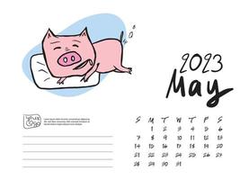 Kalender 2023 Designvorlage mit süßer Schweinevektorillustration, Mai 2023 Kunstwerk, Schriftzug, Tischkalender 2023 Layout, Planer, Wandkalendervorlage, Schweinezeichentrickfigur, Feiertagsveranstaltung vektor