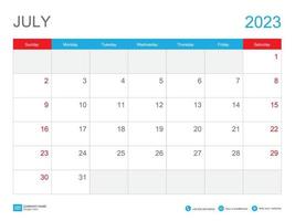 juli 2023 mall-kalender 2023 design, skrivbordskalender 2023 mall, planerare enkel, veckan börjar söndag, brevpapper, väggkalender, utskrift, annons, vektorillustration vektor