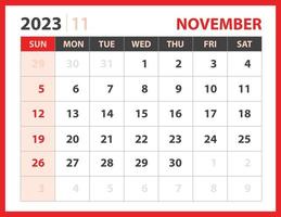 november 2023 mall, kalender 2023 designvektor, planerare layout, veckan börjar söndag, skrivbordskalender 2023 mall, brevpapper. väggkalender på röd bakgrund, vektor eps 10