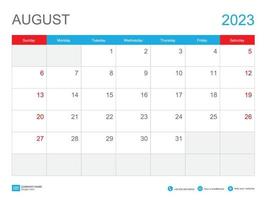 augusti 2023 mall-kalender 2023 design, skrivbordskalender 2023 mall, planerare enkel, veckan börjar söndag, brevpapper, väggkalender, utskrift, annons, vektorillustration vektor