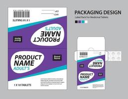 etikettenpackung für medizinische tabletten, etikettenpapierdesign für etiketten, verpackungsdesign für medikamente, design von gesundheitsprodukten. produktetikett, realistisches modell. Wellenhintergrundkonzept. Vektor-Illustration