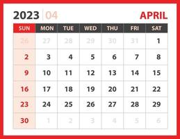 April 2023 Vorlage, Kalender 2023 Designvektor, Planerlayout, Woche beginnt Sonntag, Tischkalender 2023 Vorlage, Briefpapier. Wandkalender auf rotem Hintergrund, Vektor eps 10