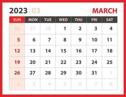 mars 2023 mall, kalender 2023 designvektor, planerare layout, veckan börjar söndag, skrivbordskalender 2023 mall, brevpapper. väggkalender på röd bakgrund, vektor eps 10