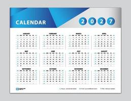 Kalender 2027 Vorlage, Tischkalender 2027 Design, Wandkalender 2027 Jahr, Satz von 12 Monaten, Woche beginnt am Sonntag, Planer, Jahresorganisator, Schreibwaren, Kalenderinspiration, blauer Hintergrundvektor vektor