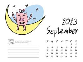 Kalender 2023 Designvorlage mit süßer Schweinevektorillustration, September 2023 Kunstwerk, Schriftzug, Tischkalender 2023 Layout, Planer, Wandkalendervorlage, Schweinezeichentrickfigur, Feiertagsveranstaltung vektor