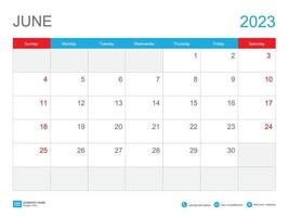 Juni 2023 Vorlagenkalender 2023 Design, Tischkalender 2023 Vorlage, Planer einfach, Woche beginnt Sonntag, Schreibwaren, Wandkalender, Druck, Werbung, Vektorillustration vektor