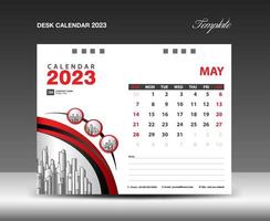 Mai 2023 Vorlage, Kalender 2023 Designvektor, Planerlayout, Woche beginnt am Sonntag, Tischkalender 2023 Vorlage, Briefpapier. Wandkalender auf rotem Hintergrund, Vektor eps 10