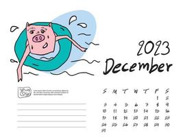 Kalender 2023 Designvorlage mit süßer Schweinevektorillustration, Dezember 2023 Kunstwerk, Schriftzug, Tischkalender 2023 Layout, Planer, Wandkalendervorlage, Schweinezeichentrickfigur, Feiertagsveranstaltung vektor