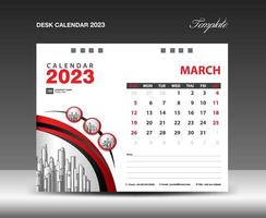 März 2023 Vorlage, Kalender 2023 Designvektor, Planerlayout, Woche beginnt am Sonntag, Tischkalender 2023 Vorlage, Briefpapier. Wandkalender auf rotem Hintergrund, Vektor eps 10