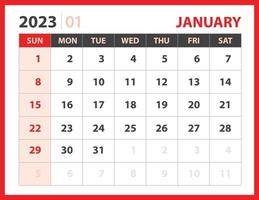 Januar 2023 Vorlage, Kalender 2023 Designvektor, Planerlayout, Woche beginnt am Sonntag, Tischkalender 2023 Vorlage, Briefpapier. Wandkalender auf rotem Hintergrund, Vektor eps 10