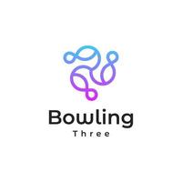 Bowling-Linie blaues und lila Farbverlauf buntes Logo-Symbol. Bowling dreifacher Umriss-Logo-Vektor. Emblem-Design mit drei Flaschen vektor