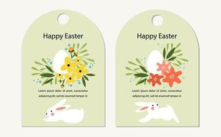 satz fröhliche ostergrußkartendesigns, tags. weiße Kaninchen und Silhouette von Ostereiern mit Frühlingsblumen. bündel von vektorvektorfeiertagsentwürfen für typografie. Abbildung im flachen Stil vektor