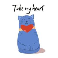 eine Katze mit einem Herz am Halsband. Glückwünsche für Liebhaber. glückliche Katze. Vektorkarte, Banner, Flyer, Poster