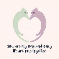 zwei Katzen, die sich in Form eines Herzens hinlegen. Vektorkarte mit einem Wunsch für Liebhaber. Pastellfarben. Banner, Poster, Flyer. vektor