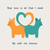 Vektorpostkarte mit zwei Katzen, die nebeneinander stehen. zwei Schwänze in Form eines Herzens. ein Wunsch für Verliebte. Banner, Poster, Flyer.