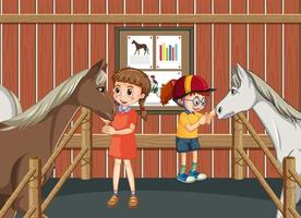 en pojke och flicka med en häst på stallplatsen vektor