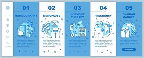 kvinnor hälsovård onboarding mobila webbsidor vektor mall. graviditet, äggstockscancer, klimakteriet. idé för responsiv smartphone-webbplatsgränssnitt. webbsida genomgång steg skärmar. färg koncept