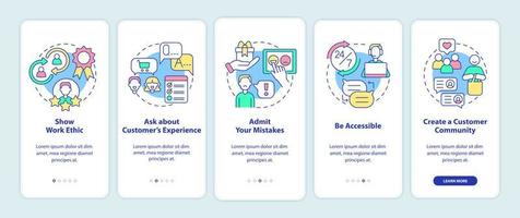 kundtjänsttips ombord på mobilappskärmen. stödja etik genomgång 5 steg grafiska instruktioner sidor med linjära koncept. ui, ux, gui mall. vektor