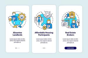 Property Manager-Kunden beim Onboarding des Bildschirms der mobilen App. Immobilien Komplettlösung 3 Schritte grafische Anleitungsseiten mit linearen Konzepten. ui, ux, gui-Vorlage. vektor