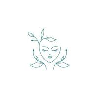 Logo-Designvorlage für das Gesicht der schönen Frau. Haar, Mädchen, Blattsymbol. abstraktes designkonzept für schönheitssalon, massage, magazin, kosmetik und spa. Premium-Vektor-Symbol. vektor