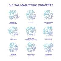 digital marknadsföring och strategier blå gradient koncept ikoner set. boost business online idé tunn linje färgillustrationer. isolerade konturritningar. vektor