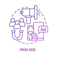 betalda annonser lila gradient koncept ikon. företagsfrämjande tjänst. digital marknadsföringsstrategi abstrakt idé tunn linje illustration. isolerade konturritning. vektor