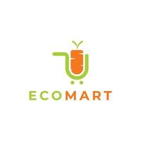 modern eco mart logotyp vektor design med grönsaker, vagn och morot.