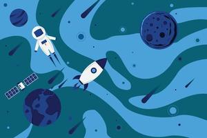 Vektor-Flachraum-Design-Hintergrund mit Text. süße vorlage mit astronaut, raumschiff, rakete, mond, schwarzem loch, sternen im weltraum vektor