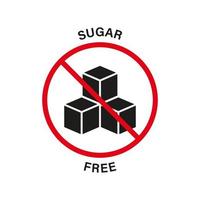 sockerfri siluett svart ikon. mat utan tillsatt socker med röd stoppskylt. glukos förbjudet symbol. logotyp för noll glukosgaranti. inget socker för diabetesproduktetikett. isolerade vektor illustration.