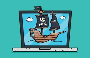 buntes doodle des laptops mit segelndem piratenschiff auf dem bildschirm.